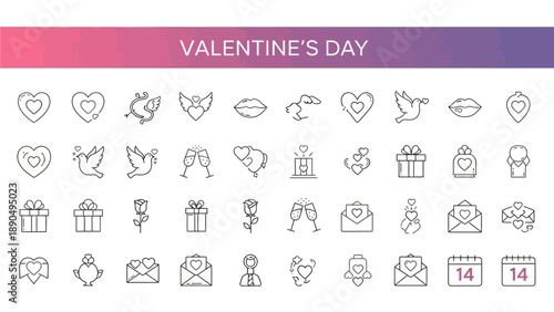 Valentine's Day icons collection featuring hearts, gifts, and love symbols on a gradient background