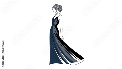 Elegant woman in flowing dark blue evening gown standing alone from a side view