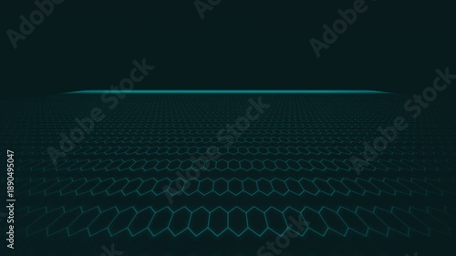 Viewing an abstract teal gradient illustration with a lower white band and geometric line patterns, from a low-angle perspective in a design setting