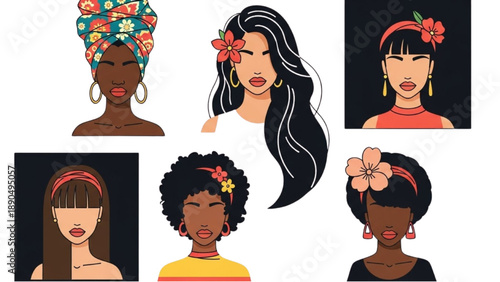 Diverse Women Portraits Collage Illustration Featuring Various Ethnicities and Headwraps