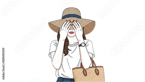 A young woman covering her face with her hands while holding a bag and wearing a hat standing isolated on a white background