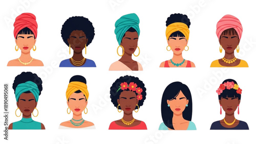 Diverse Female Portraits with Traditional Headwraps and Jewelry, Illustrations of Women with Different Ethnicities and Hair Textures