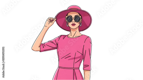 Fashionable woman wearing sunglasses and hat stands confidently in a stylish pose