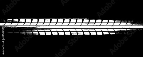 Grunge tire track, wheel braking marks. White truck, car or motorcycle tread pattern silhouette. Auto race, motorsport, speed racing design element. Vector illustration