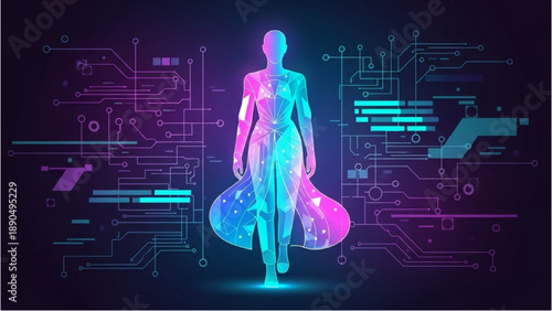 Futuristic Female Figure Walking Through Circuit Board Landscape with Neon Lights from a Front View Perspective