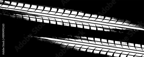 Grunge tire track, wheel braking marks. White truck, car or motorcycle tread pattern silhouette. Auto race, motorsport, speed racing design element. Vector illustration
