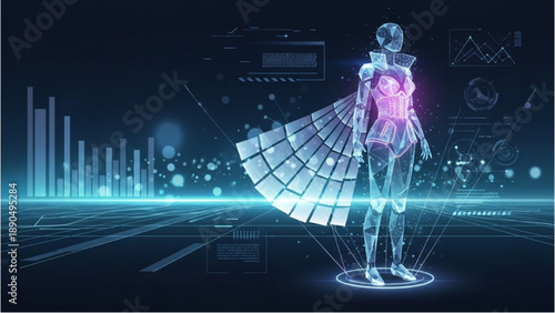 Futuristic Humanoid Robot Standing on Podium with Glowing Grid Interface and Data Visualization Charts in a High-Tech Environment from a Slightly Elevated Viewpoint