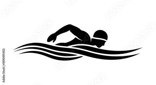 Black silhouette of a swimmer in a swimming cap gliding through the water.