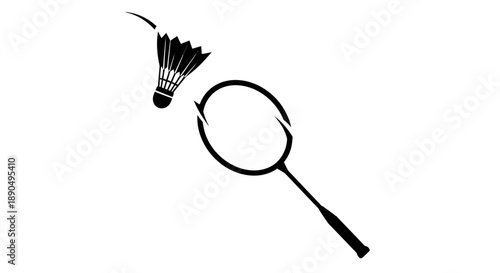 Black badminton racket and shuttlecock on white background.