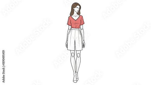 Illustration of a woman wearing a red top and white skirt standing alone