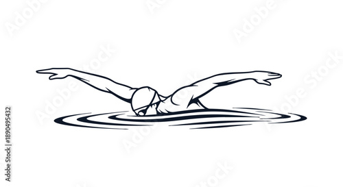Black and white illustration of a person swimming with outstretched arms.