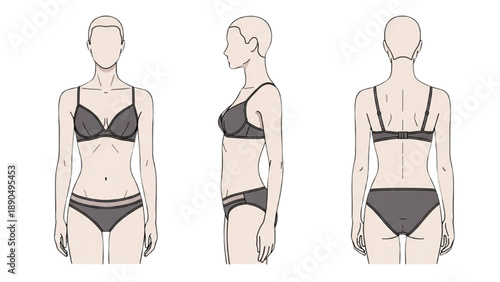 Illustration of a woman in lingerie from multiple viewpoints showcasing her figure