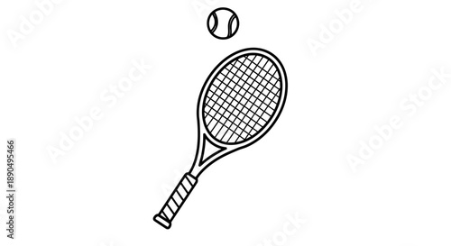 Simple black and white illustration of a tennis racket and ball.