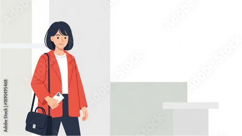 Woman standing in a modern office lobby with a bag and phone