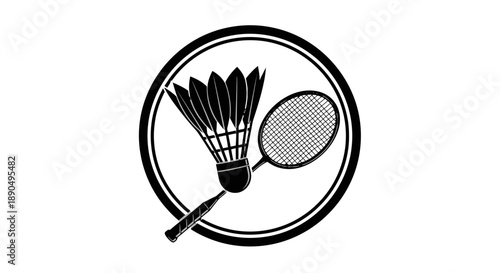 Black and white illustration of badminton racket and shuttlecock in a circle.