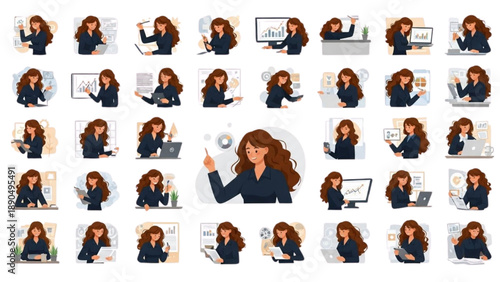 Collection of cartoon businesswoman illustrations in various office settings and activities from multiple viewpoints