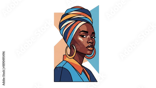 Vibrant illustration of a woman wearing traditional headwrap and earrings, showcasing cultural heritage and beauty from a close-up, modern, and artistic viewpoint