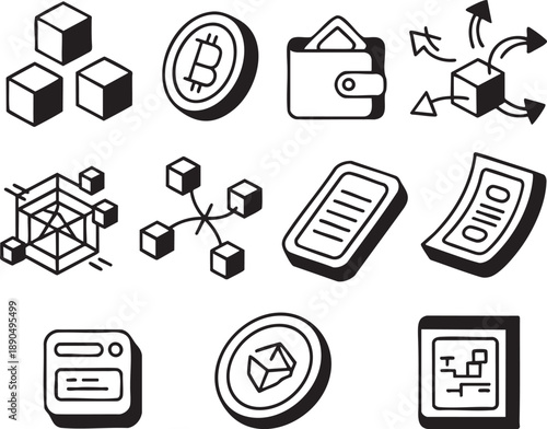 Collection of black and white related to blockchain technology and cryptocurrency wallet