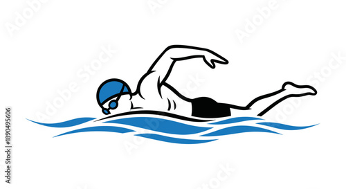 Illustration of a swimmer in action, wearing a blue cap and black trunks, swimming in a body of water.