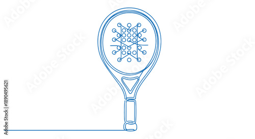 Simple line drawing of a tennis racket with a snowflake on the strings.