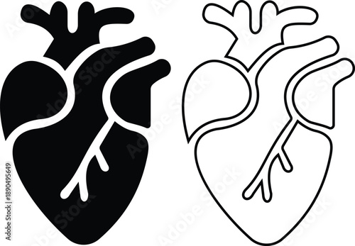 Human heart anatomy icon set with flat and line styles, medical cardiology symbols, heartbeat ECG heart icons in black monochrome vector illustration collection