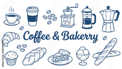 Coffee and Bakery Blue Line Art Vector Illustration with Cups, Bread, and Desserts, coffee, bakery, coffee and bakery, cafe, coffee shop, breakfast, brunch, dessert, pastry, baked goods, bread, 