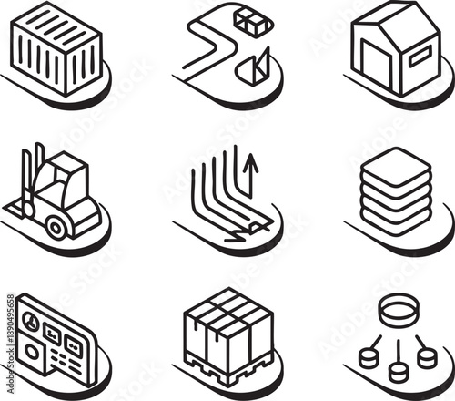 Isometric of warehouse storage and logistics operations with boxes, forklifts, and pallets