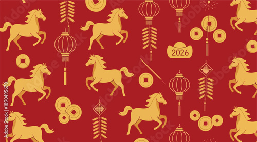 Vibrant chinese new year seamless pattern with golden horses lanterns on red background for 2026 celebration