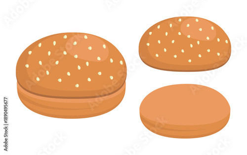 Sesame Seed Burger Bun Illustration - Empty, Whole and Halves of a Burger Bun. Ideal for Fast Foods Themes. Flat Design, Vector.