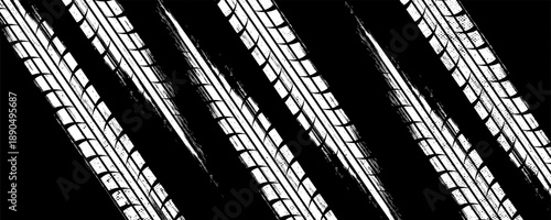 Grunge tire track, wheel braking marks. White truck, car or motorcycle tread pattern silhouette.