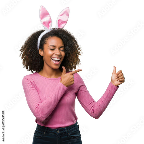 Young woman wearing bunny ears and pink top isolated on transparent background