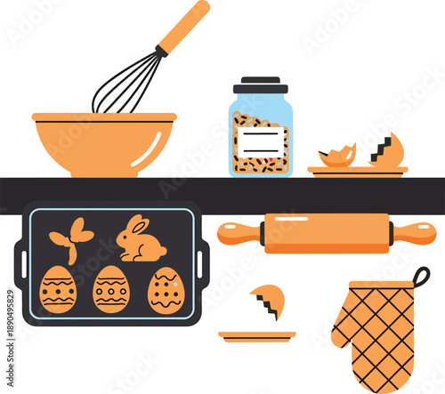 Easter baking kitchen counter with whisk, cookies and oven mitt flat vector illustration