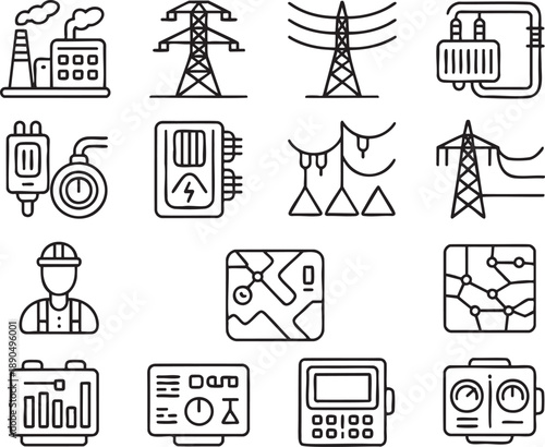 Set of black and white line representing industrial equipment and technology concepts line industrial