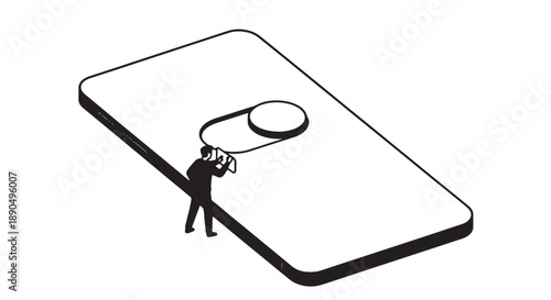 Man taking photo of giant smartphone camera lens with magnifying glass