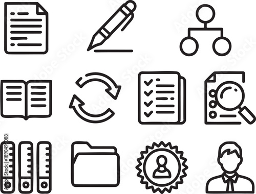 Set of black and white representing document management and office tasks pencil signature organization