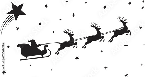 Christmas silhouette of Santa Claus in sleigh flying with reindeer across starry night sky with shooting star isolated on white background for holiday design