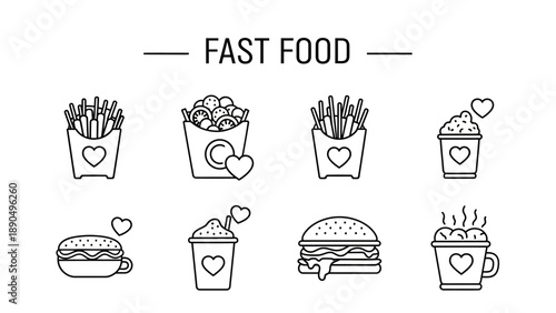 Assorted fast food items including french fries, burgers, and beverages illustrated in a minimalist style from a straightforward viewpoint