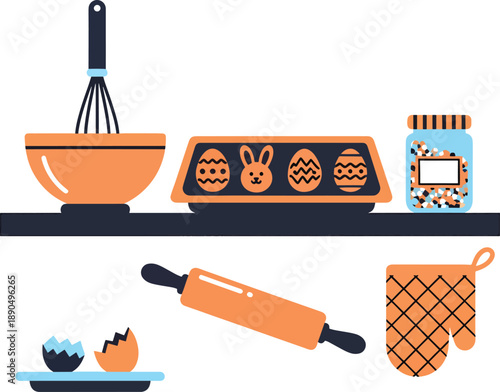 Easter baking kitchen counter with whisk, bowl and bunny cookie flat vector illustration