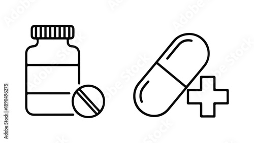 Medical symbols including pills and a cross isolated on white background, Vector, illustration