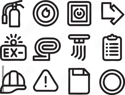 Set of twelve black and white line representing safety equipment and procedures