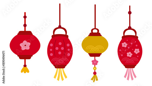Set of traditional Chinese lanterns with floral patterns. Vector illustration for Lunar New Year