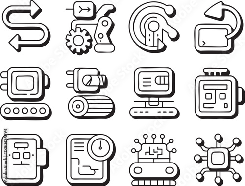 Set of twelve black and white representing various industrial and technological processes and devices