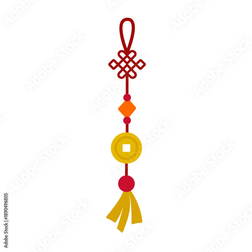 Chinese lucky knot charm with good luck coin and tassel, vector flat illustration isolated