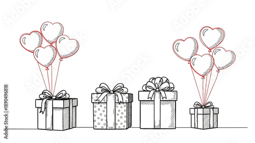 Gift boxes with heart-shaped balloons illustration on transparent background