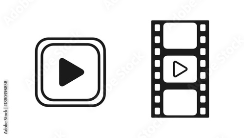 Play button icon and film strip with play symbol isolated on white background, Vector, illustration