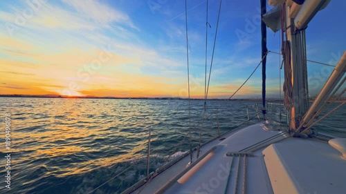 Valencia sailboat at sunset cruising on Mediterranean sea with golden light