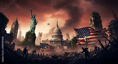 A devastated American cityscape with the Statue of Liberty and Capitol Building in ruins amidst a dark and ominous sky