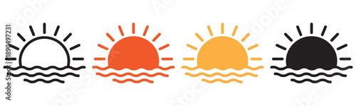 A collection of simple sunset or sunrise icons in various styles over wavy water