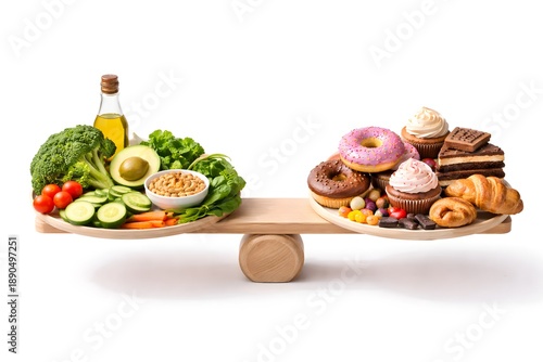 Healthy food and junk food balanced on a scale, representing dietary choices