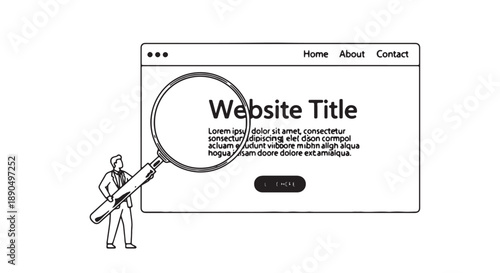 Man examining website template with magnifying glass detailed line art illustration on white background analysis and design concept